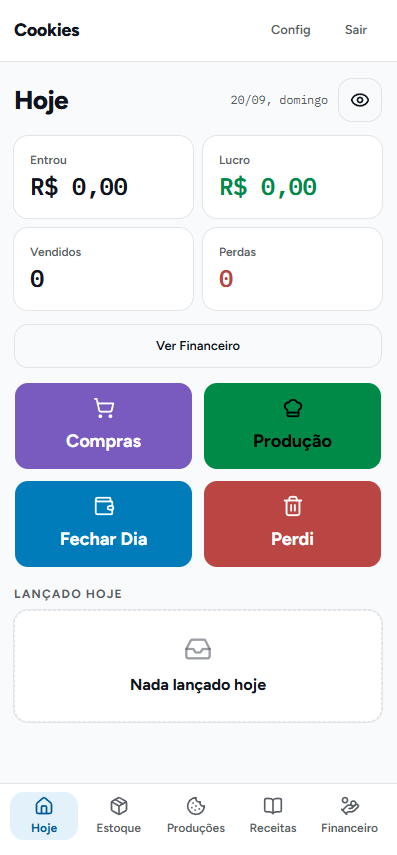 Tela inicial do Cookies